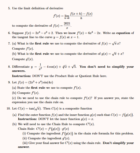 Solved H 5 Use The Limit Definition Of Derivative F T Chegg Com