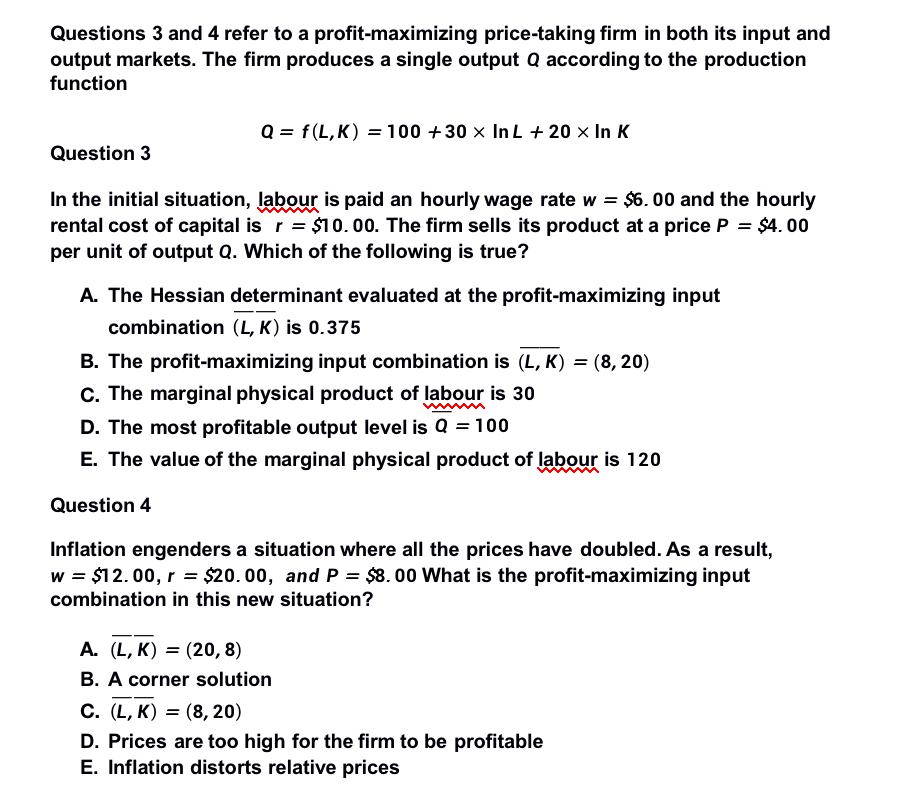 Solved Questions 3 and 4 refer to a profit-maximizing | Chegg.com
