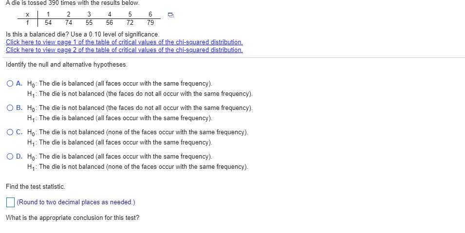 solved-a-die-is-tossed-390-times-with-the-results-below-x-1-chegg