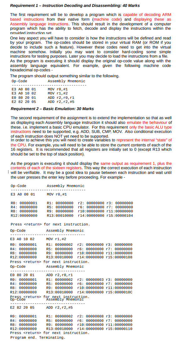 Requirement 1 - Instruction Decoding and Disassembling: 40 Marks
The first requirement will be to develop a program which is