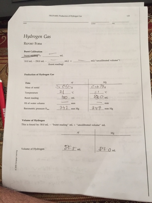 Solved PROP1003 Production of Hydrogen Gas 129 PostLab