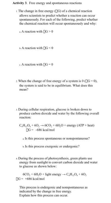 Solved Activity 3. Free energy and spontaneous reactions I. | Chegg.com