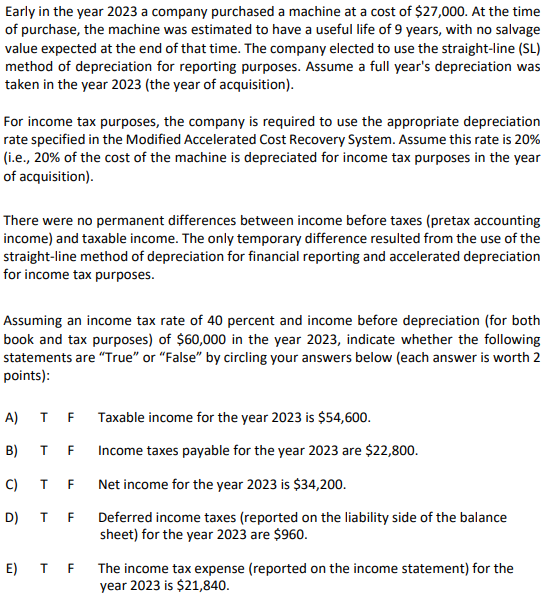 Solved Early in the year 2023 a company purchased a machine | Chegg.com