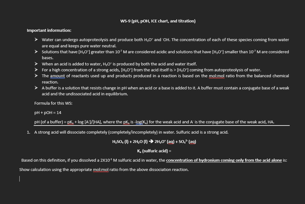 WS9 (pH, pOH, ICE chart, and titration) Important