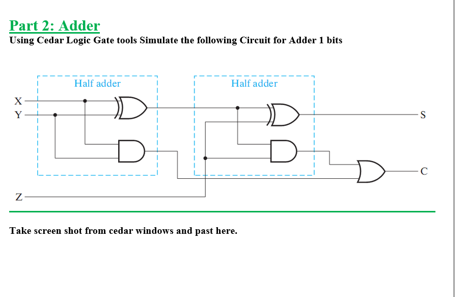 Part 2: Adder Using Cedar Logic Gate tools Simulate | Chegg.com