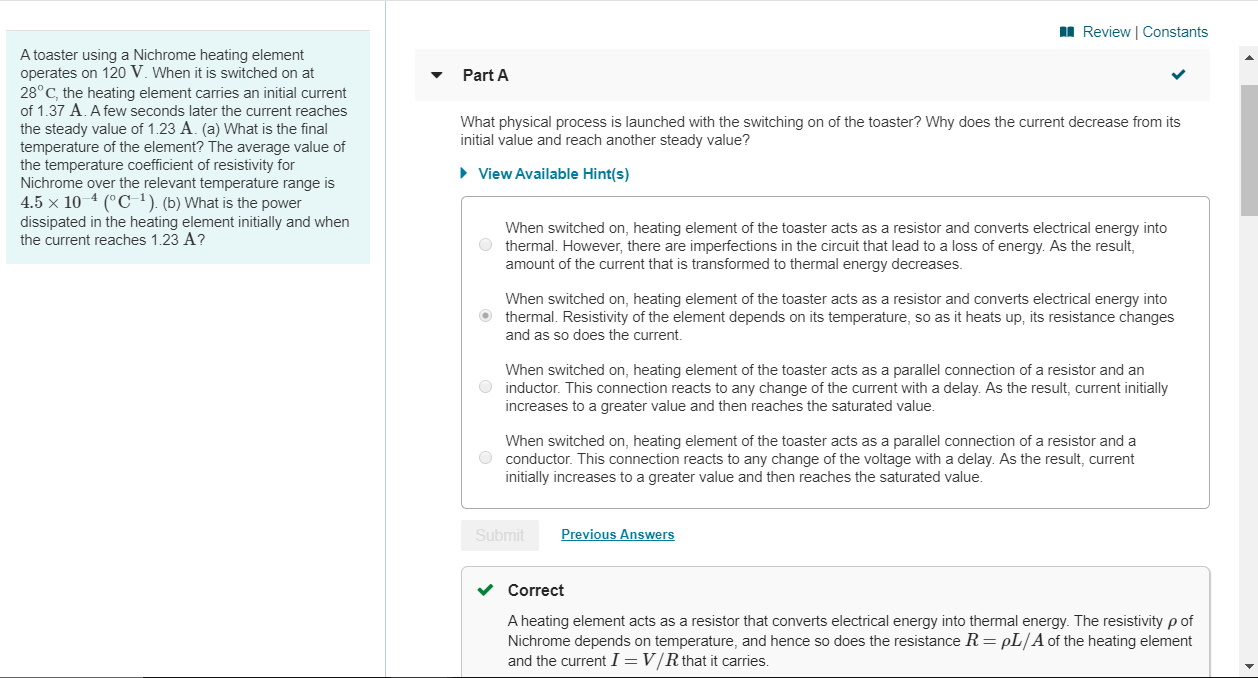 Solved A Review Constants Part A A toaster using a Nichrome