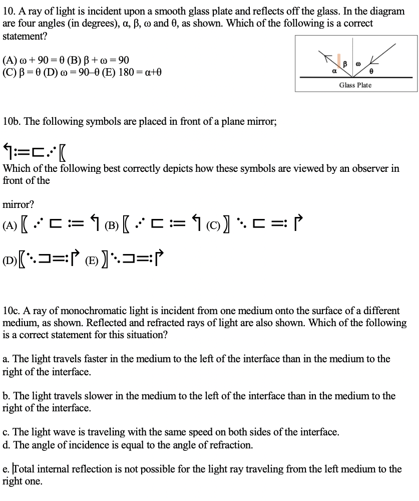 Solved 10. A ray of light is incident upon a smooth glass | Chegg.com