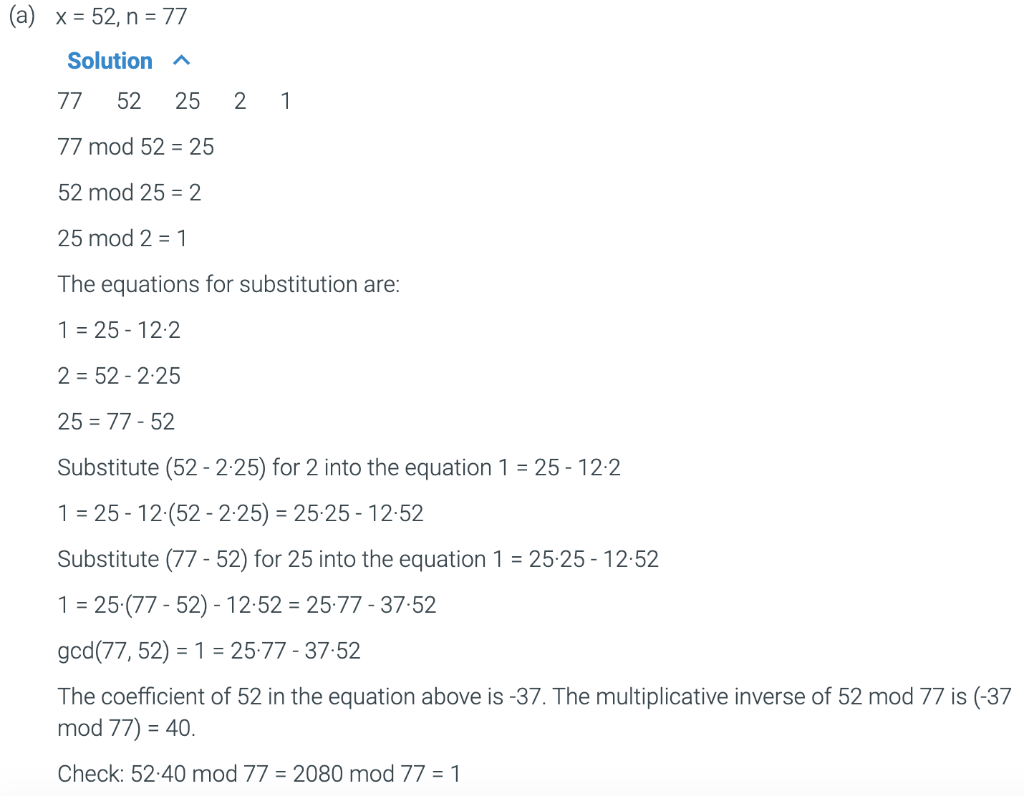 Solved For each x and n, find the multiplicative inverse mod