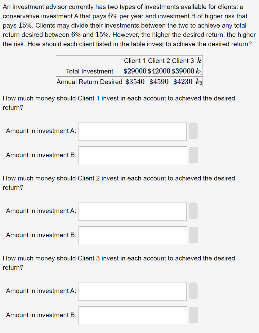 Solved An Investment Advisor Currently Has Two Types Of | Chegg.com