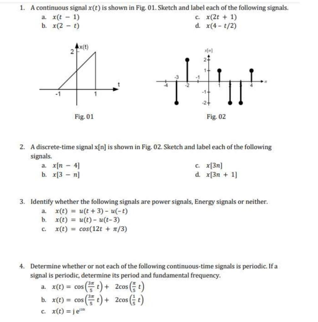Solved 1. A continuous signal x(t) is shown in Fig. 01. | Chegg.com