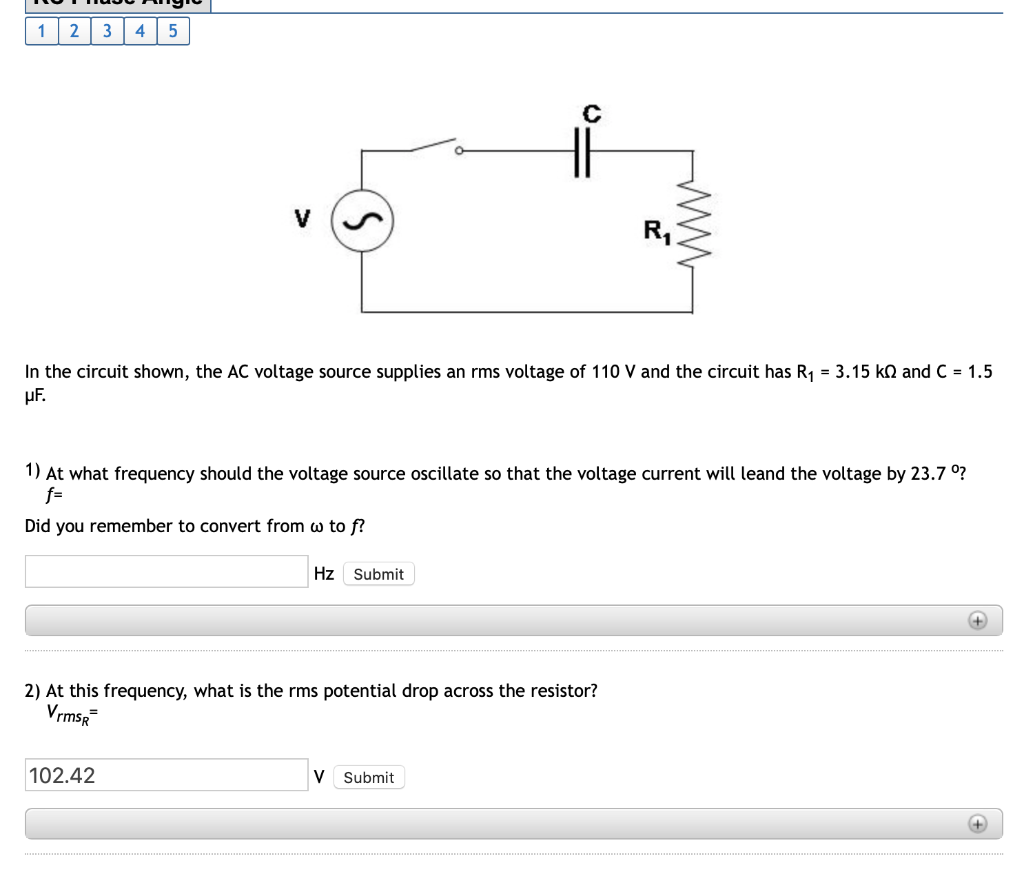 Solved 1 2 3 4 5 C الم In the circuit shown, the AC voltage | Chegg.com