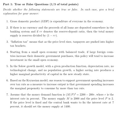 Solved Part 1: True or False Questions (1/3 of total points) | Chegg.com