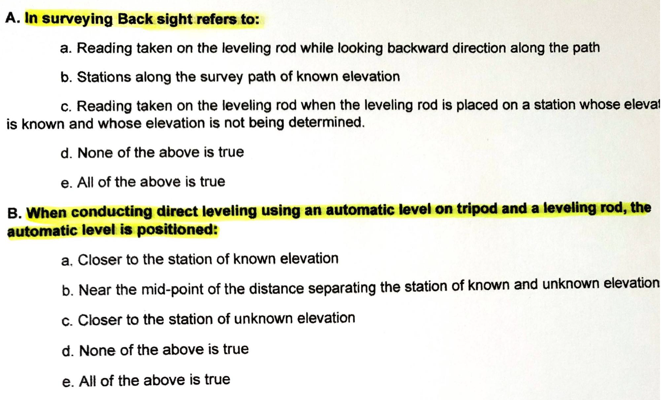 Solved A. In surveying Back sight refers to: a. Reading | Chegg.com
