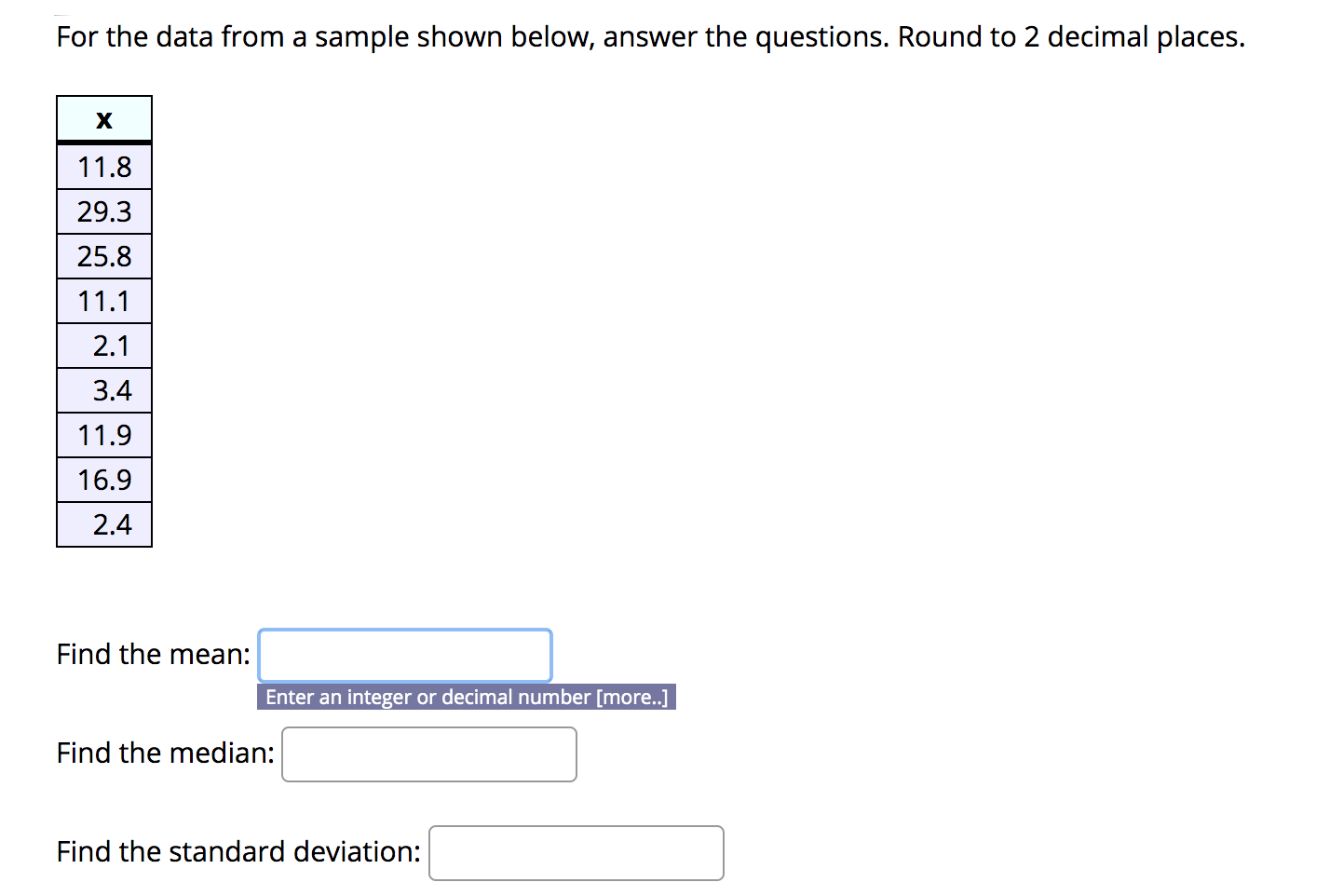 Solved For the data from a sample shown below, answer the | Chegg.com