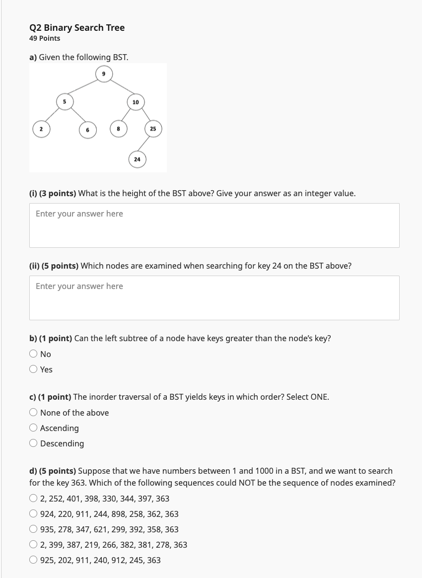Solved Q2 Binary Search Tree 49 Points a) Given the | Chegg.com