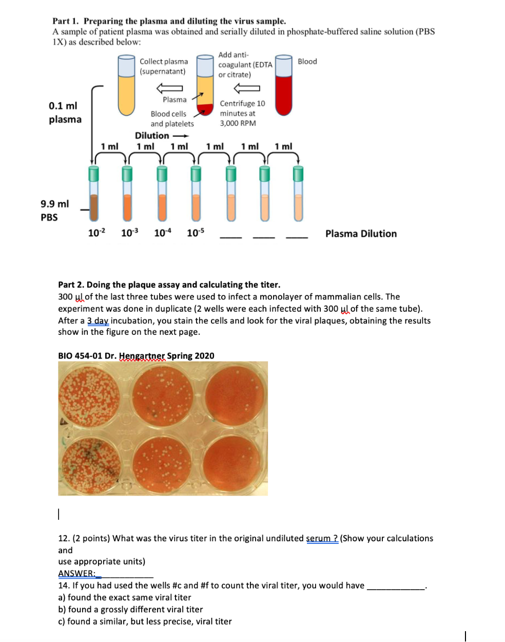 Part 1. Preparing The Plasma And Diluting The Virus | Chegg.com