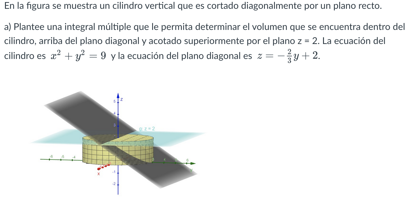 En la figura se muestra un cilindro vertical que es cortado diagonalmente por un plano recto. a) Plantee una integral múltipl