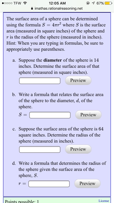 Solved The surface area of a sphere can be determined using | Chegg.com
