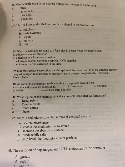 Solved 36. Most aquatic organisms excrete nitrogenous wastes | Chegg.com