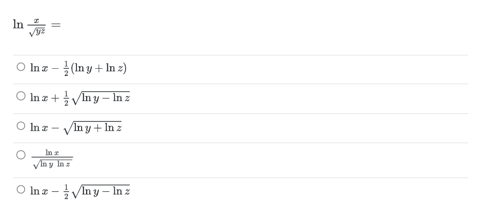 Solved lnyzx= lnx−21(lny+lnz) lnx+21lny−lnz lnx−lny+lnz | Chegg.com
