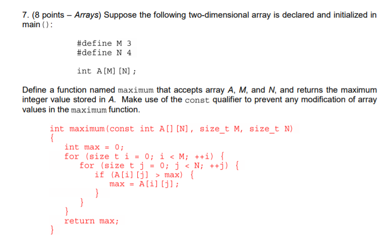 Solved 7. (8 points - Arrays) Suppose the following | Chegg.com