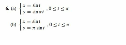 \( \left\{\begin{array}{l}x=\sin t \\ y=\sin \pi t\end{array}, 0 \leq t \leq \pi\right. \) \( \left\{\begin{array}{l}x=\sin t