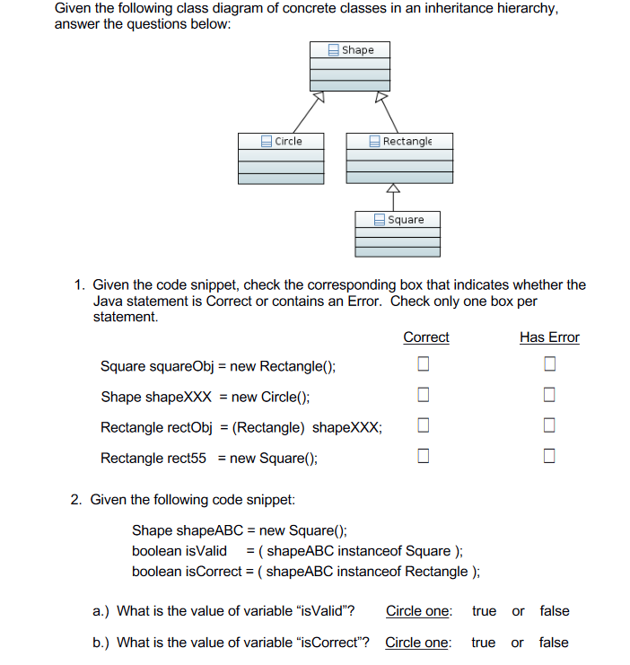 Solved Given the following class diagram of concrete classes | Chegg.com
