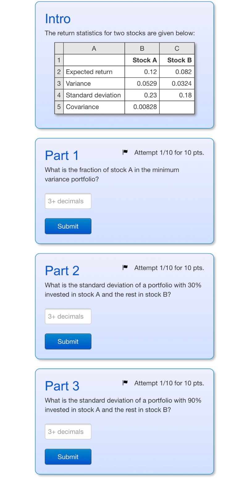 Solved Intro The Return Statistics For Two Stocks Are Given | Chegg.com