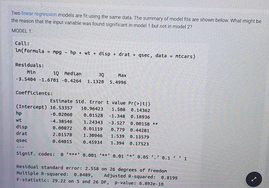 Solved Two linear regression models are fit using the same | Chegg.com