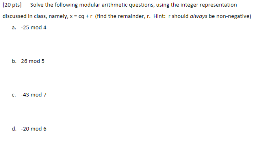 Solved [20 Pts] Solve The Following Modular Arithmetic | Chegg.com