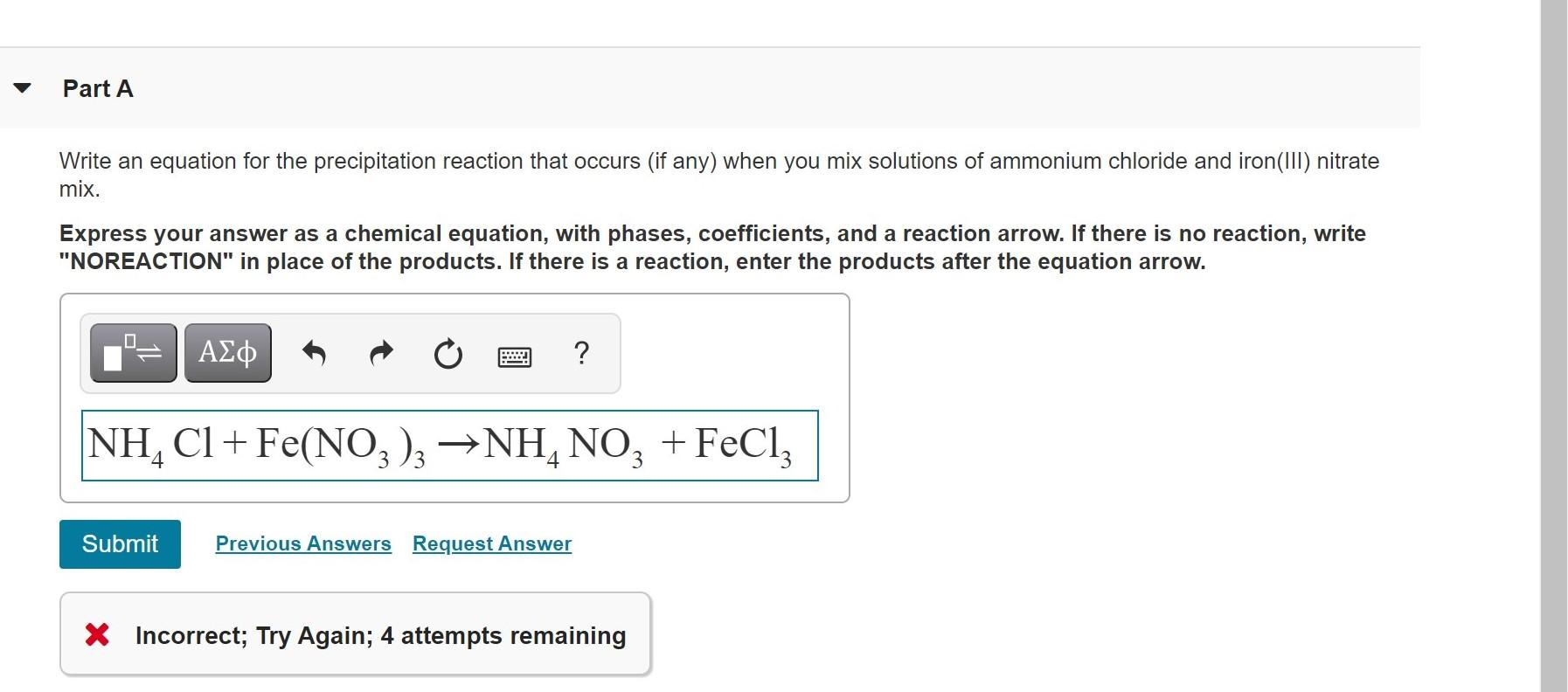 Part A Write an equation for the precipitation