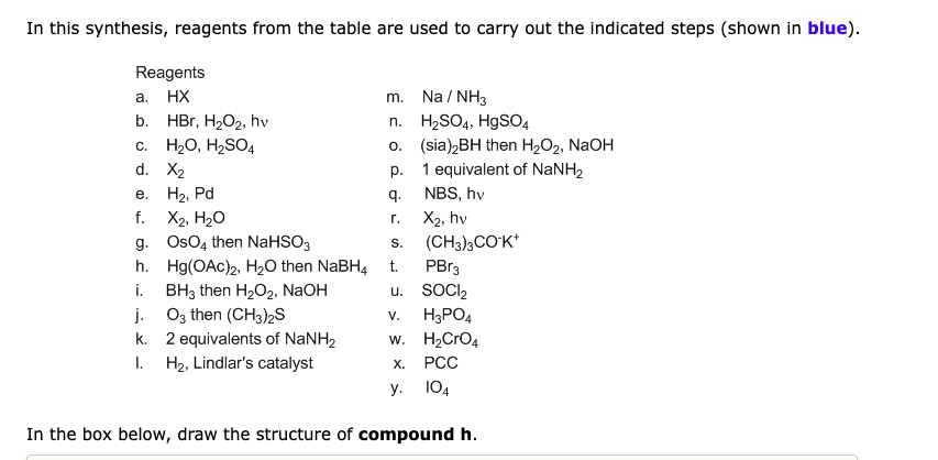 In this synthesis, reagents from the table are used to carry out the indicated steps (shown in blue).
Reagents
a. \( \mathrm{