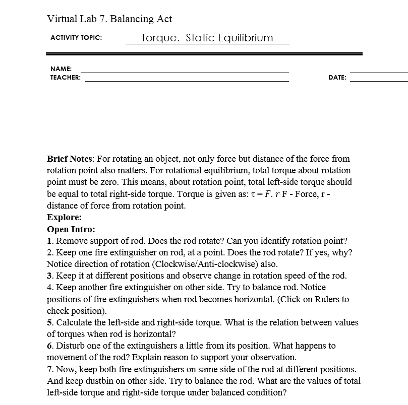 Virtual Lab 7. Balancing Act ACTIVITY TOPIC: Torque.