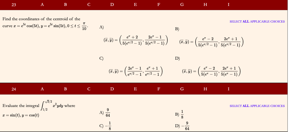 Solved 23 A B D E F H I SELECT ALL APPLICABLE CHOICES Find | Chegg.com