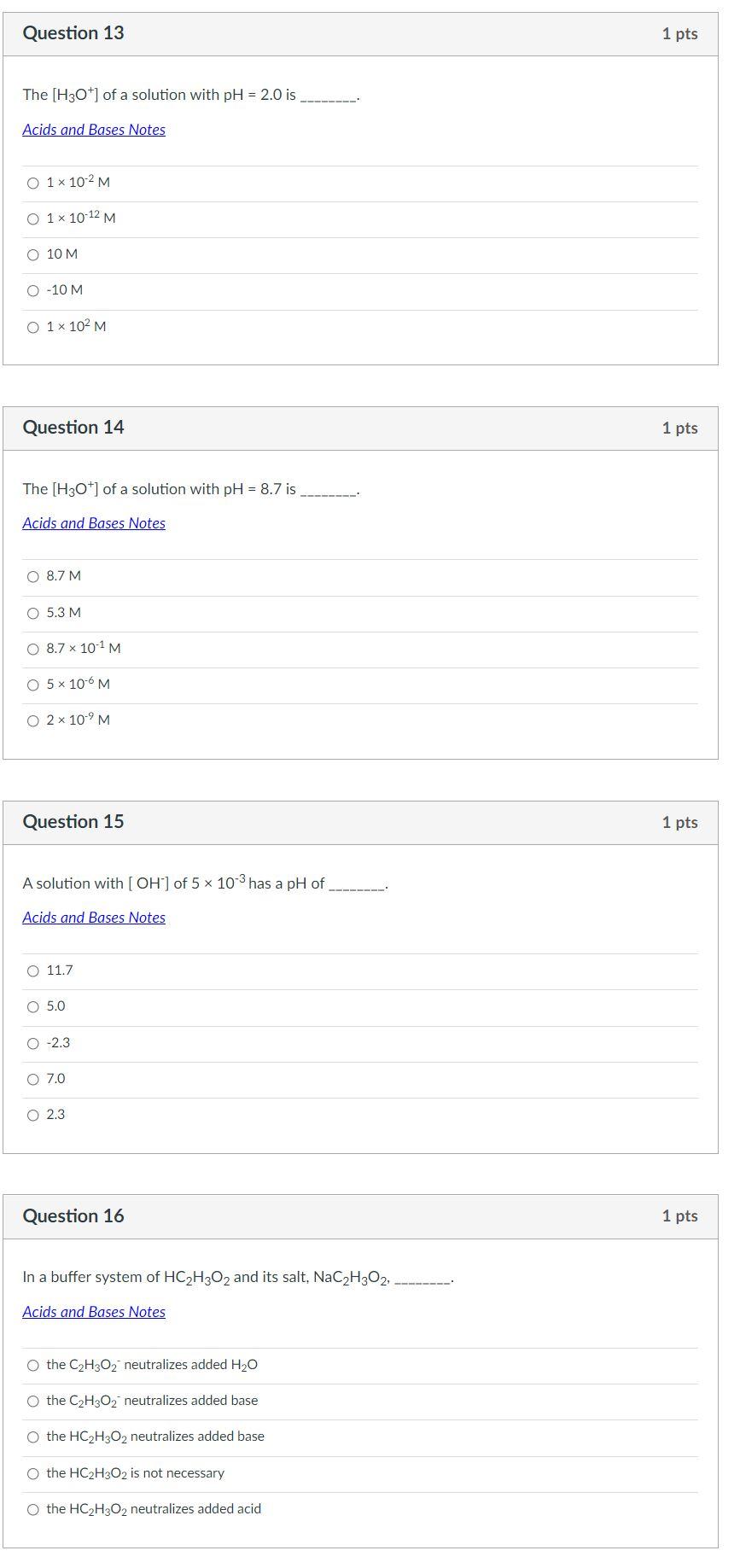 Solved Question 13 1 pts The [H3O+] of a solution with pH = | Chegg.com