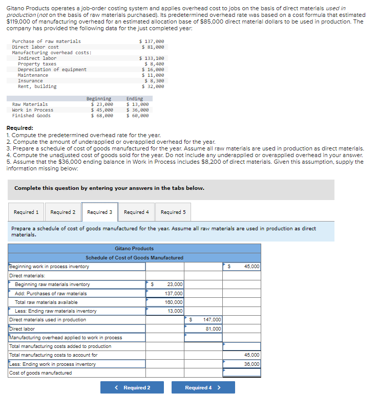 Solved Gitano Products operates a job-order costing system | Chegg.com