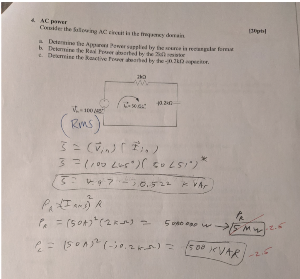 Solved [20pts] 4. AC power Consider the following AC circuit | Chegg.com