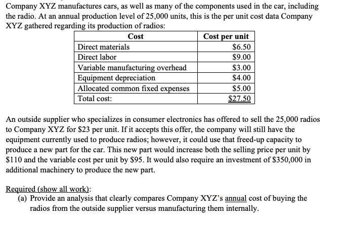 Solved Company XYZ manufactures cars, as well as many of the | Chegg.com