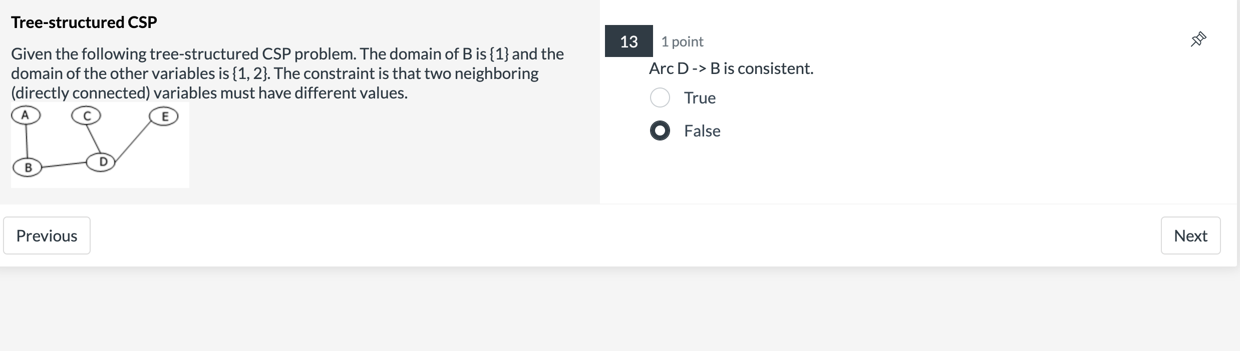 Solved 13 1 point Given the following tree-structured CSP | Chegg.com