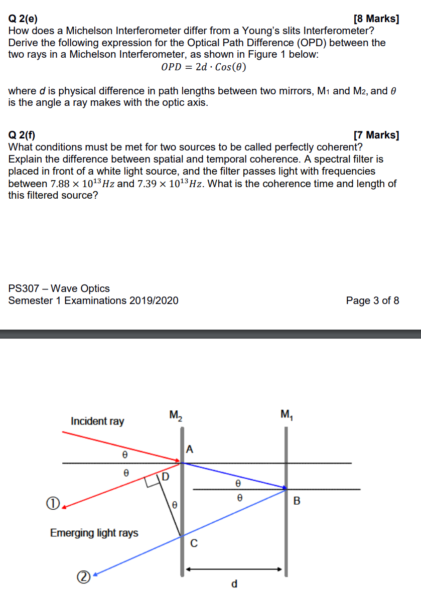Solved Q 2(e) [8 Marks] How does a Michelson Interferometer | Chegg.com