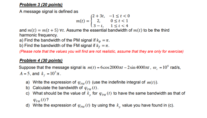 Solved Problem 1 (20 points) A message signal is given as t, | Chegg.com