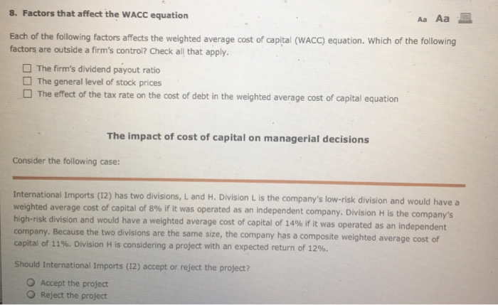 Solved 8. Factors that affect the WACC equation Aa Aa a Each | Chegg.com