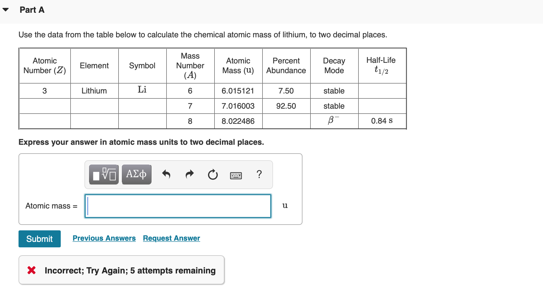 calculate the relative atomic mass of lithium to one decimal place