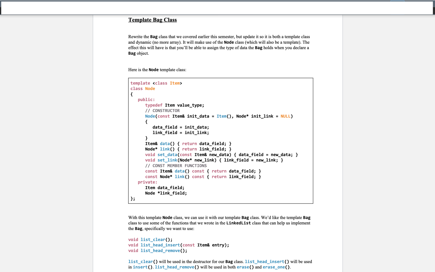 Solved Template Bag Class Rewrite the Bag class that we | Chegg.com