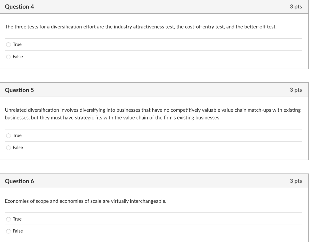 Solved The three tests for a diversification effort are the | Chegg.com