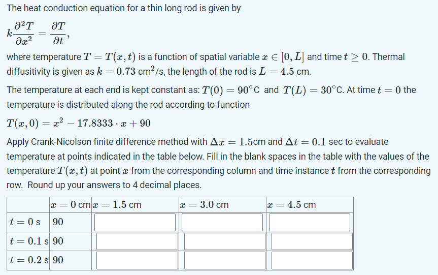Solved The heat conduction equation for a thin long rod is | Chegg.com