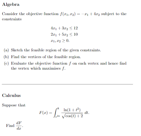Solved Algebra Consider the objective function f(21,02) = | Chegg.com