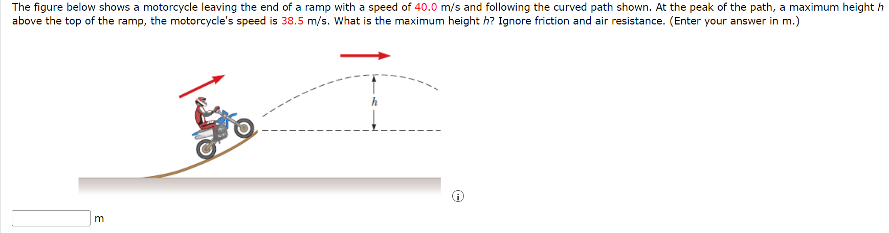 The figure below shows a motorcycle leaving the end of a ramp with a speed of \( 40.0 \mathrm{~m} / \mathrm{s} \) and followi