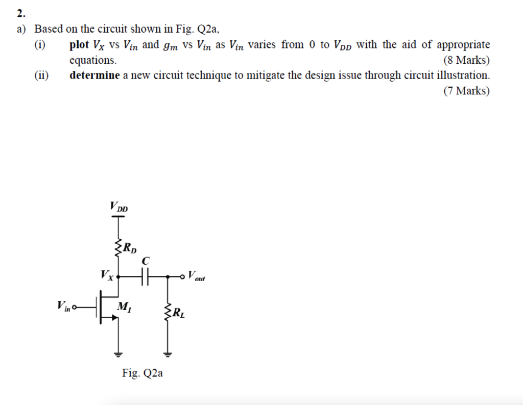 2.
a) Based on the circuit shown in Fig. Q2a,
(i) plot \( V_{X} \) vs \( V_{\text {in }} \) and \( g_{m} \) vs \( V_{i n} \) 