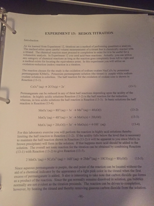 Solved EXPERIMENT 13 REDOX TITRATION Introduction As we